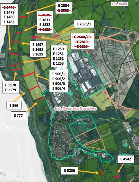 Map of Bratislava - Devínska Nová Ves shows agricultural and forest lands with parcel numbers.