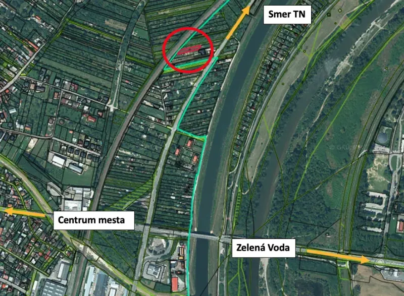 Aerial map of residential plots in Nové Mesto nad Váhom near the river and roads.