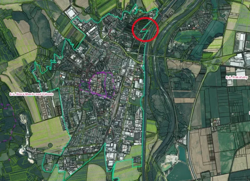 Map of Nové Mesto nad Váhom with highlighted areas for Residential Land.