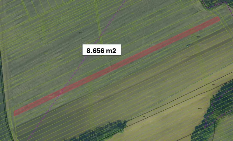 Agricultural and forest land in Zbudza, area 8,656 m², displayed parcel map.