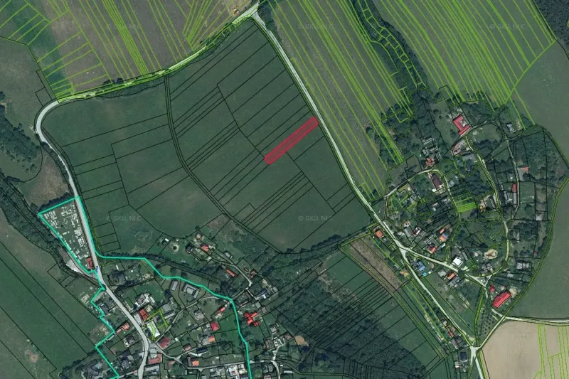 Satellite view of vast fields and settlement in the village of Podkylava, unusual properties.