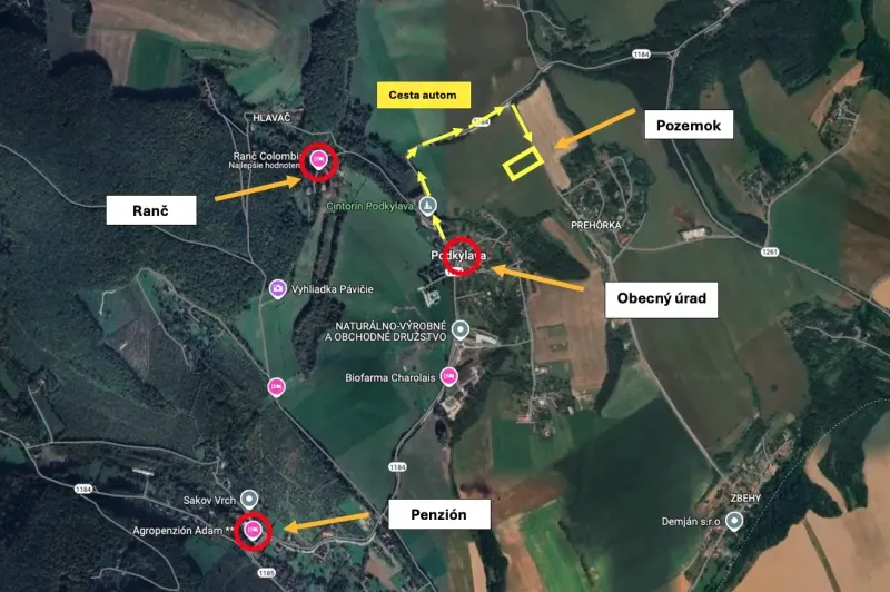 Map of the Podkylava area with the ranch, guesthouse, and municipal office marked.