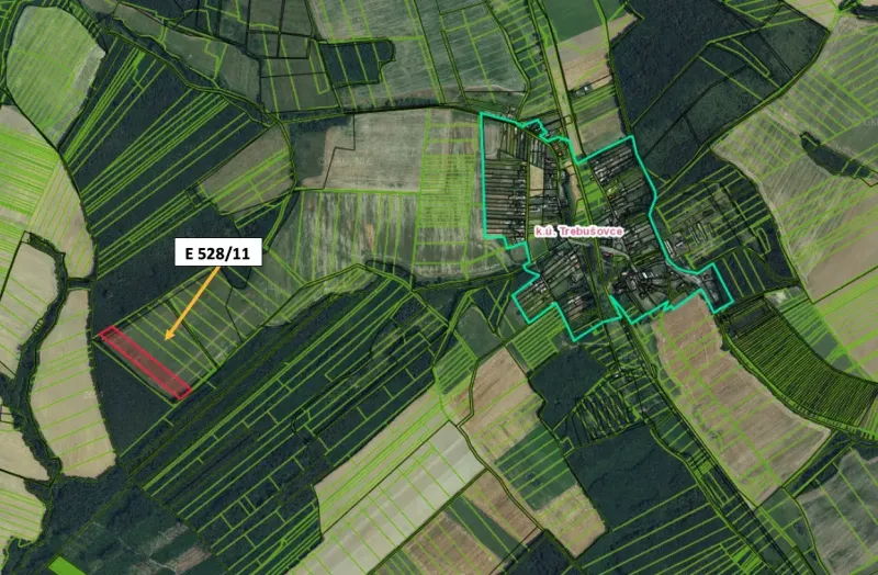Aerial view of agricultural and forest lands near Trebušovce with parcel markings.