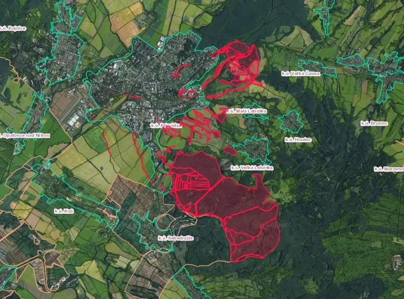 Map of agricultural and forest lands around Prievidza with clearly marked area boundaries.
