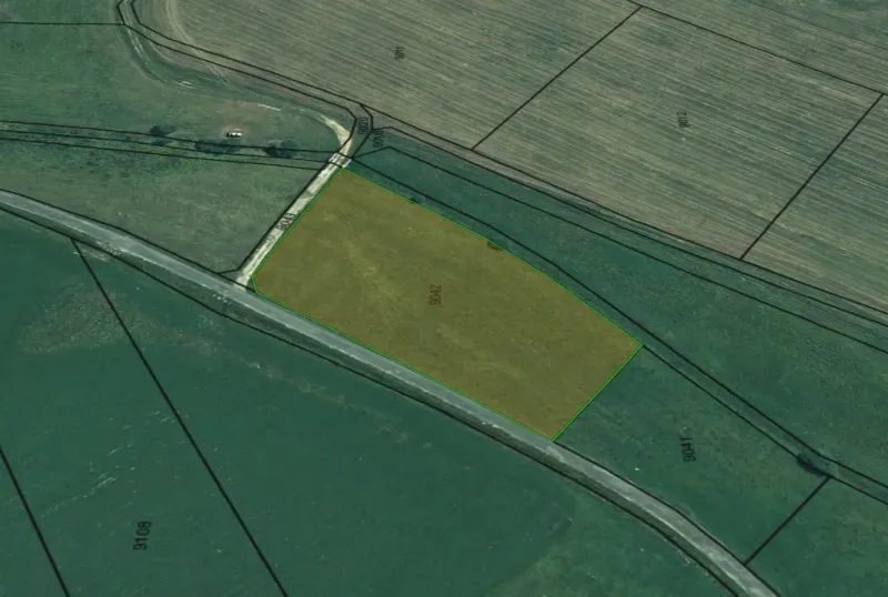 Aerial view of agricultural and forest land in Podhorany with green borders.
