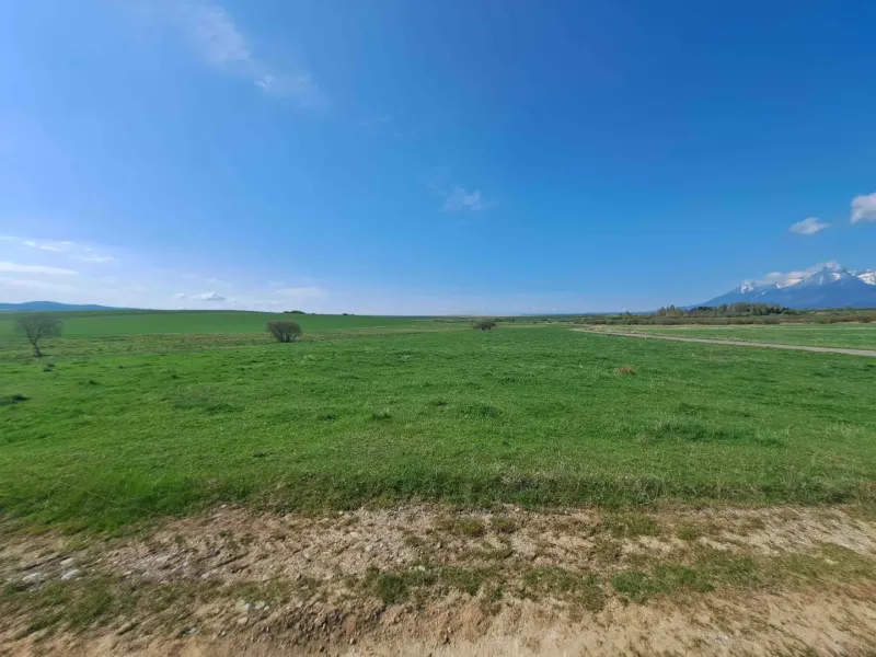 Green agricultural and forest lands near Podhorany with mountains in the distance under a blue sky.