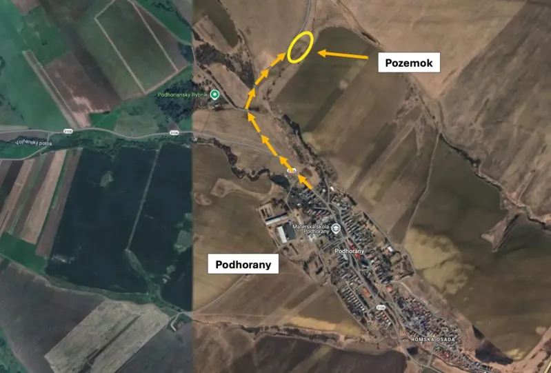 Aerial view of agricultural and forest land in Podhorany with a marked plot.