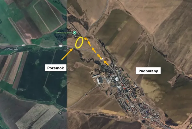 Aerial view of agricultural and forest lands around Podhorany.