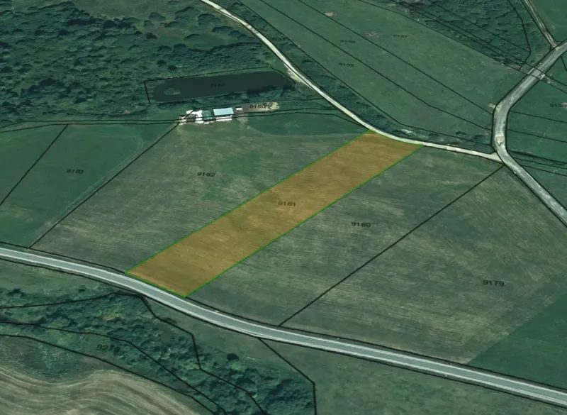 Agricultural and forest lands in Podhorany with arable field and access road.