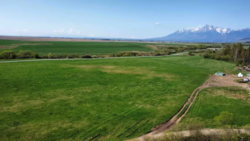 Agricultural and forest land in Podhorany with a view of snow-covered mountains under a blue sky.