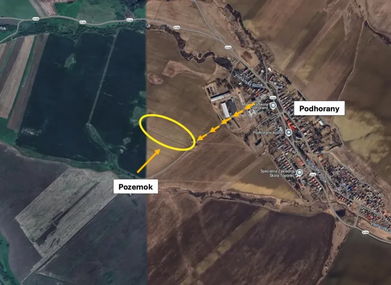 Aerial view of agricultural and forest land in Podhorany with the plot marked.
