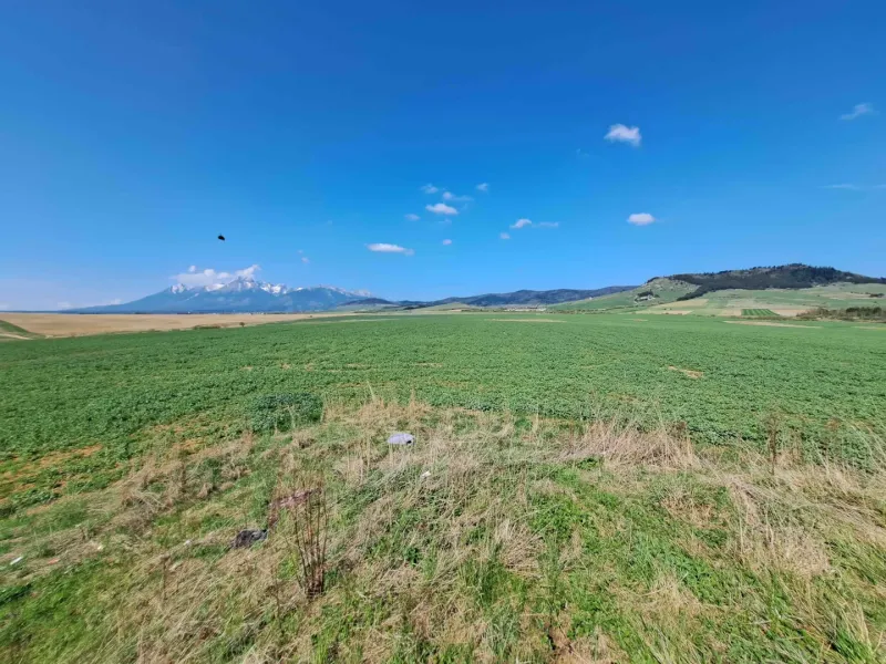 Agricultural and forest land in Podhorany with a panorama of mountains and a blue sky.