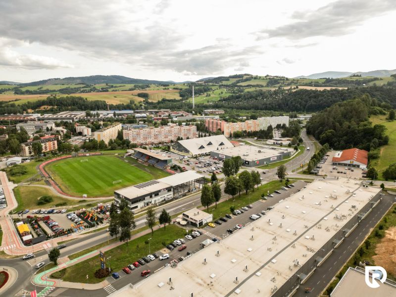 Aerial view of the stadium and surroundings in Brezno at the Barracks District, Land - housing.