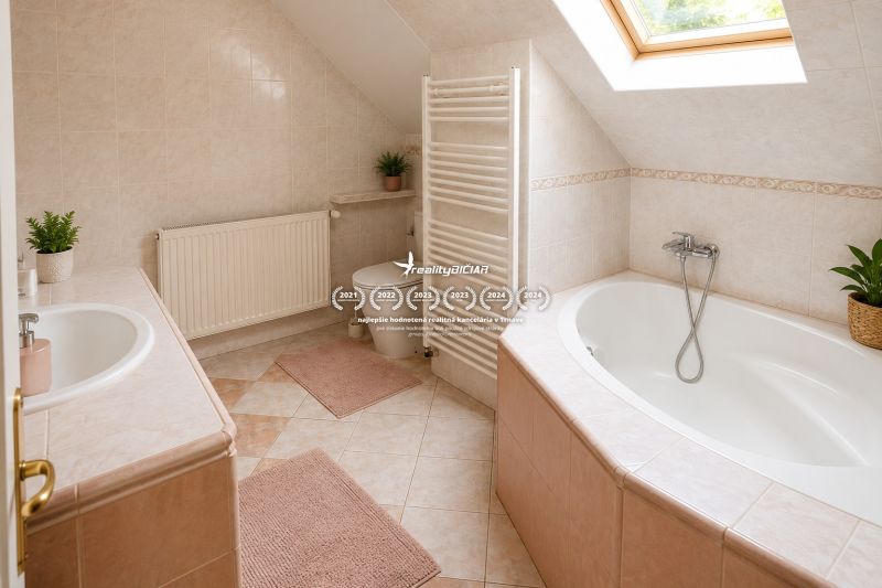 A bathroom in a family house with a bathtub, a skylight, and tiles.