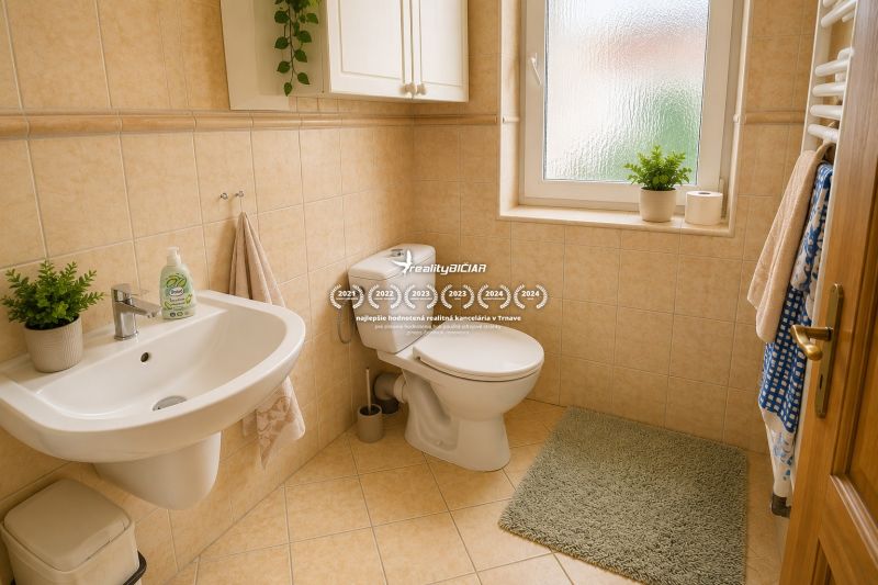 A bathroom in a family house with a sink, toilet, and light tiles.