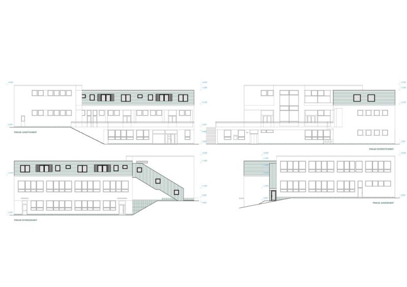 Architectural drawing of a building in Banská Bystrica with detailed façade design.
