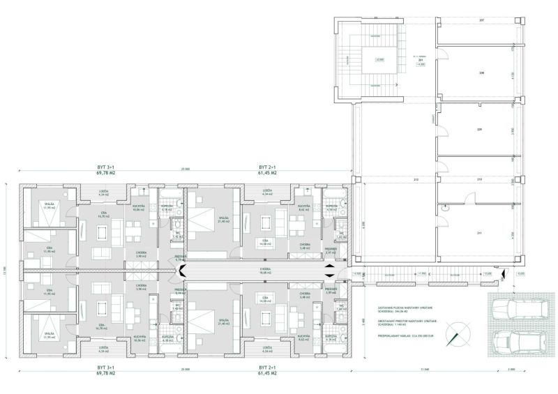 Floor plan of apartments and offices in the building; it shows the arrangement of rooms and parking.
