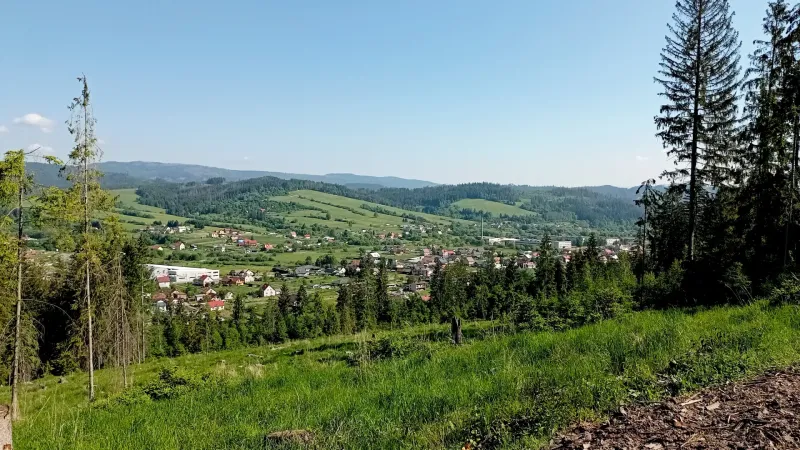 Raková surrounded by agricultural and forest lands, including diverse vegetation and village houses.