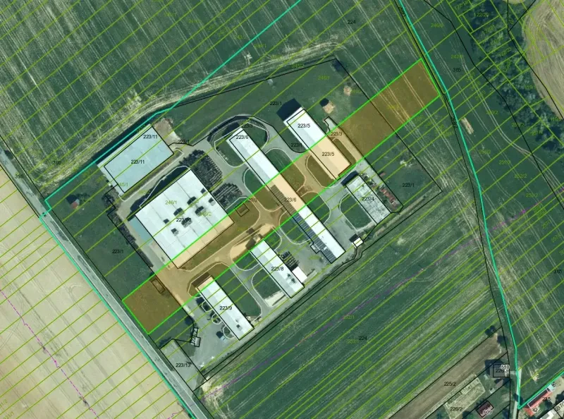 Aerial view of peculiar properties and surrounding fields in Jarovnice.