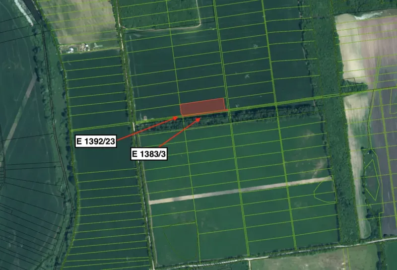 Aerial photograph of agricultural and forest lands in Vysoká pri Morave with parcels and boundaries.