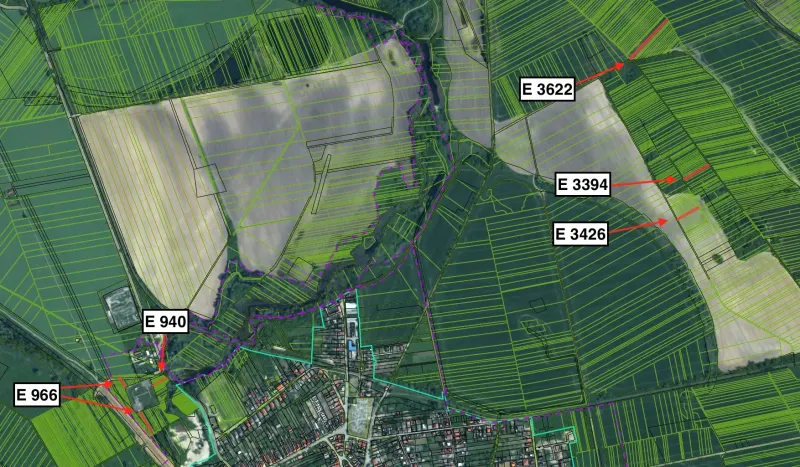 Aerial view of agricultural and forest land in Vysoká pri Morave.