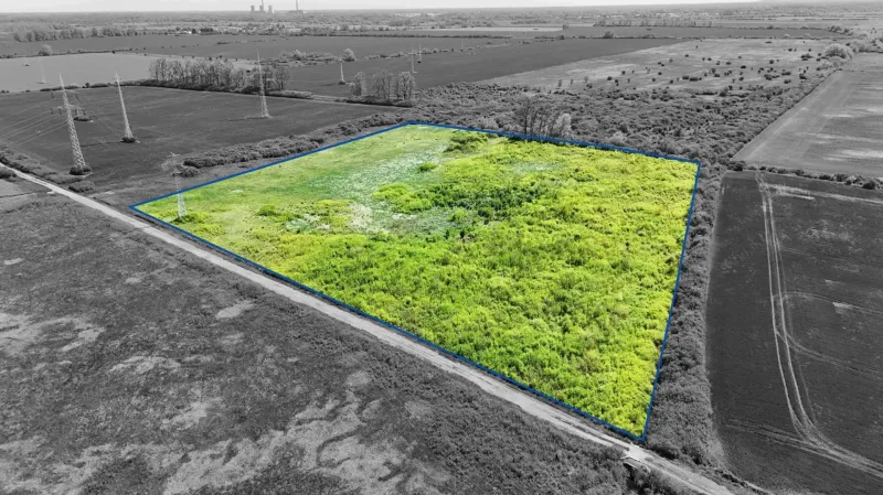 Aerial photograph of agricultural and forest land in Zemplínske Kopčany with marked boundaries.