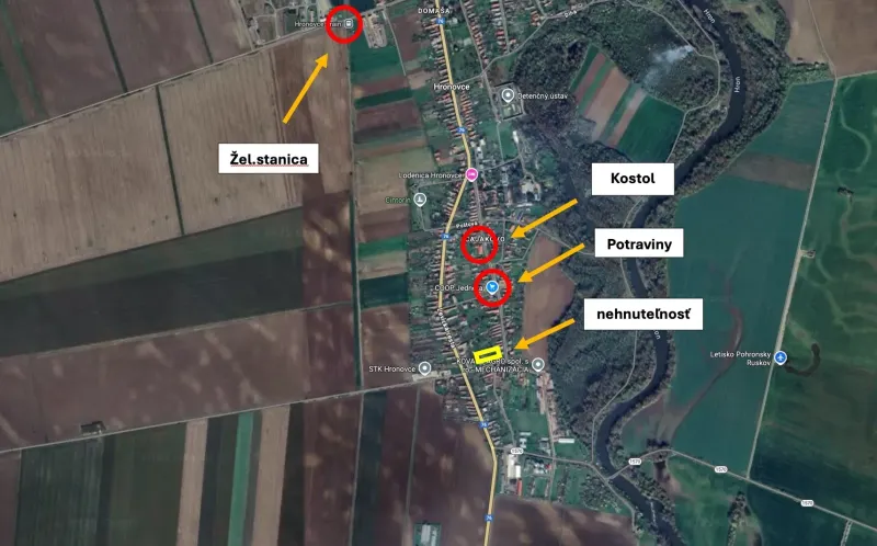 Aerial view of Hronovce, Land - residential, includes important locations and infrastructure.