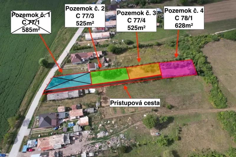 Divided residential plots in Rakytník with designation and access road.