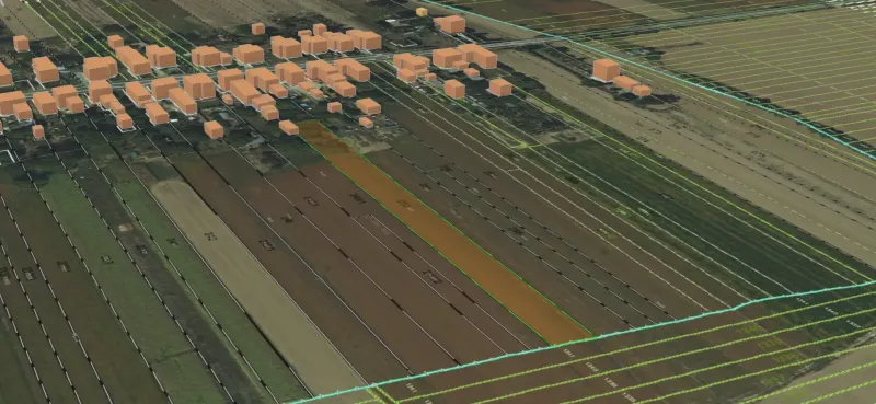 Agricultural and forest land in Lekárovce with 3D models of buildings and parcels.