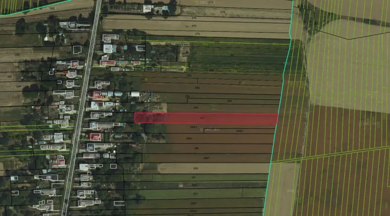 Aerial view of agricultural and forest lands in Lekárovce with a highlighted parcel.