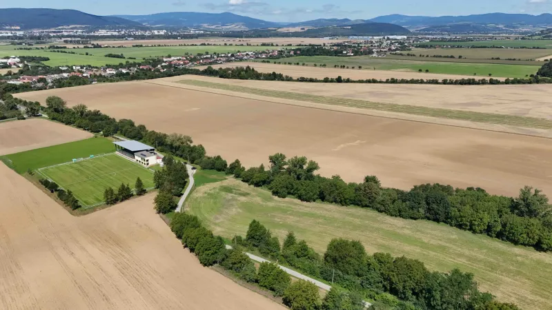 Aerial view of agricultural and forest land in Nová Ves nad Váhom.