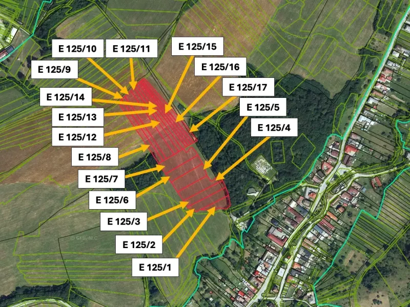 An aerial map represents agricultural and forest lands in the Dúbravica area with parcel numbers.