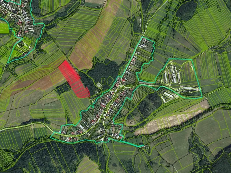 Aerial map of agricultural and forest lands around the village of Dúbravica, showing economic areas.