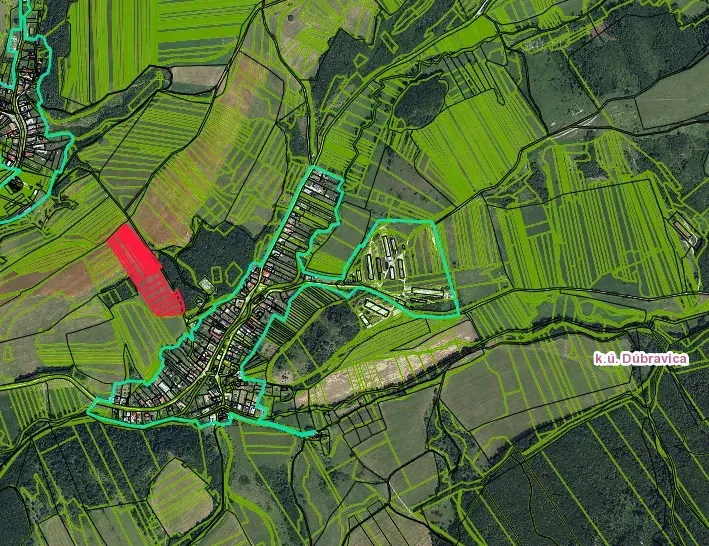 Aerial view of agricultural and forest lands around Dúbravica, highlighted boundaries and colors.