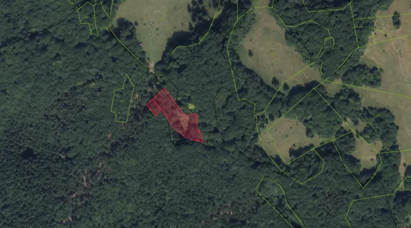 An aerial view of agricultural and forest lands around Nolčovo.