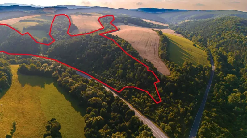 Agricultural and forest land around Rokycany, gently undulating terrain with greenery and a road.
