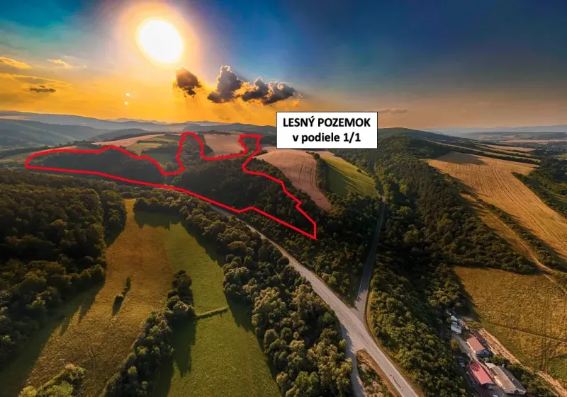 Aerial view of agricultural and forest land near Rokycany at sunset.