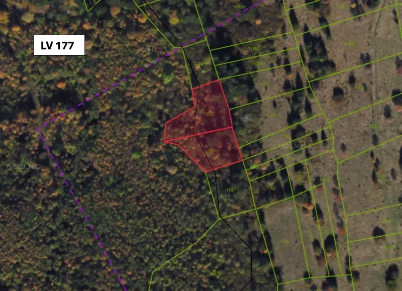 Aerial view of agricultural and forest land near Lúčky with marked parcels.