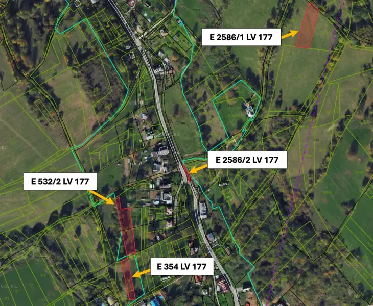 Map of plots in Lúčky; Agricultural and forest lands marked with numbers and boundaries.