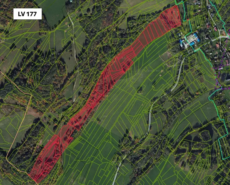 Cadastral map of agricultural and forest lands in Lúčky, with the parcel marked LV 177.