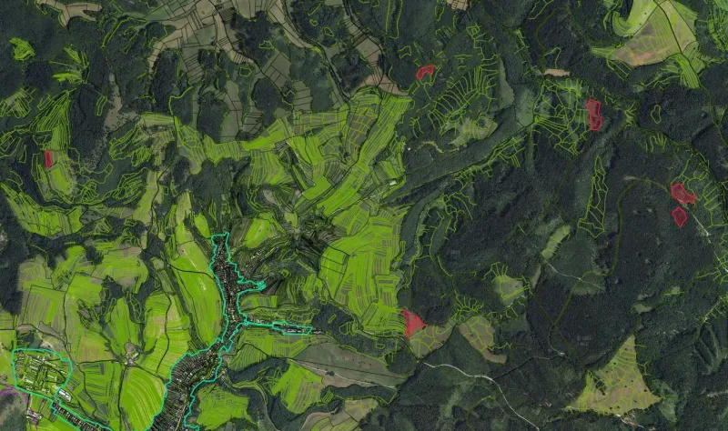 Satellite view of agricultural and forest lands around the village of Poniky.