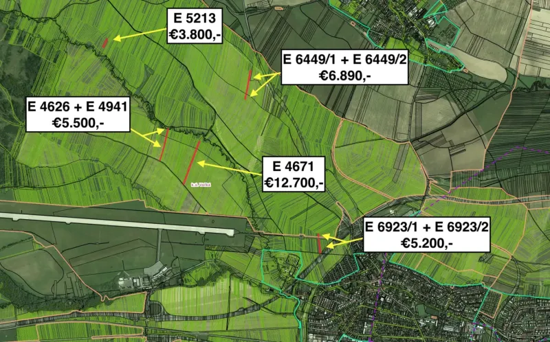 Map of agricultural and forest land in the Poprad area with listed prices.