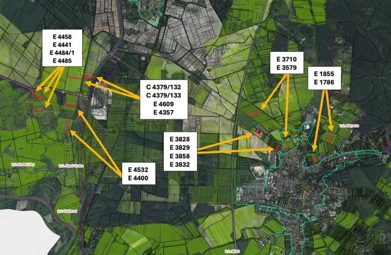 An aerial map shows agricultural and forest lands around the town of Stupava.