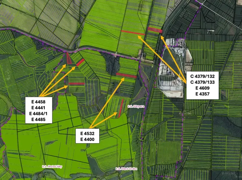 Agricultural and forest lands in Stupava with parcel numbers and marked roads.