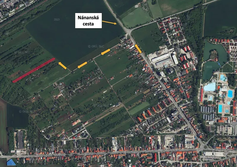 An aerial map in Záhrady in Štúrovo shows urban and agricultural areas.