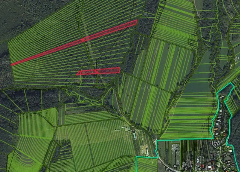 Agricultural and forest lands in Nevidzany with visible plots and roads.