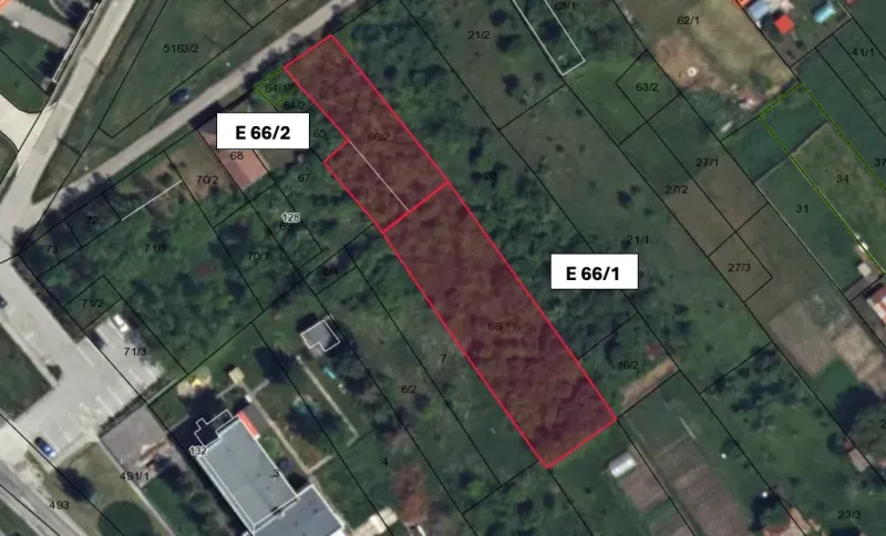 Orthophotomap of agricultural and forest lands in Kamenný Most with marked parcels.