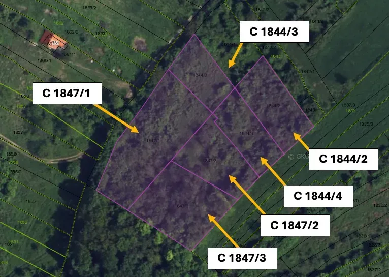 Agricultural and forest land in Kamenný Most, marked with parcel numbers.
