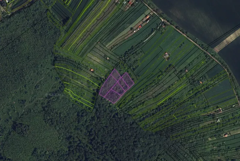 Aerial view of agricultural and forest land near Kamenný Most with marked parcels.