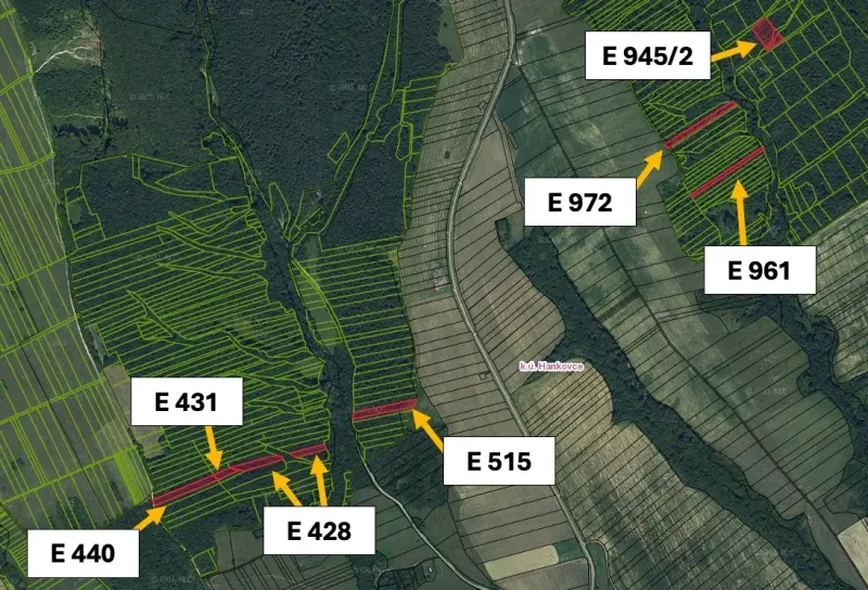 Satellite view of agricultural and forest lands around the village of Hankovce, including parcel numbers.